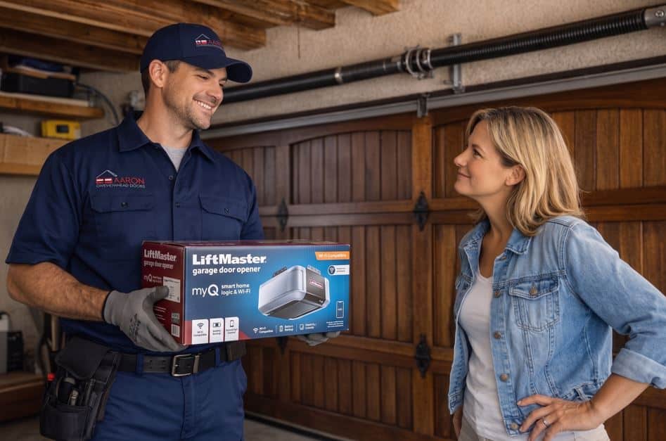 Aaron Overhead Door tech showing Central Coast homeowner horsepower needed for garage door with new Liftmaster MyQ opener