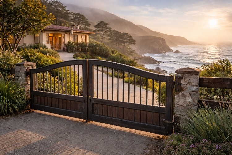 Wood and wrought-iron gates in front of a coastal home
