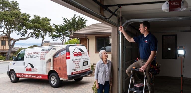 Garage door tech showing Monterey homeowner after power outage how to open garage door