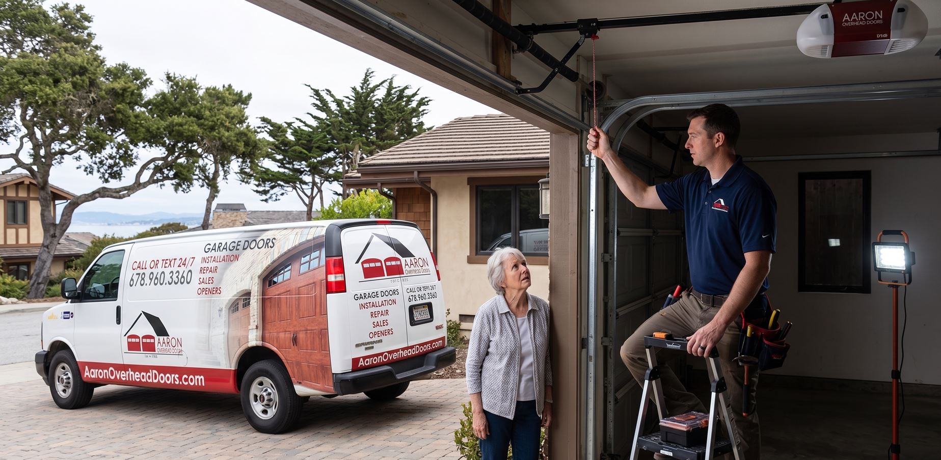 Garage door tech showing Monterey homeowner after power outage how to open garage door