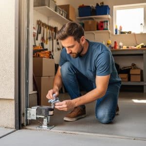Homeowner checking garage door opener sensors