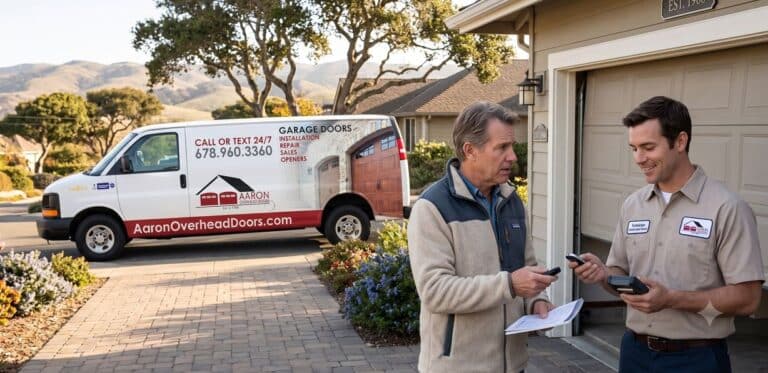 Tech talking with homeowner Central Coast about garage door remote not woking properly