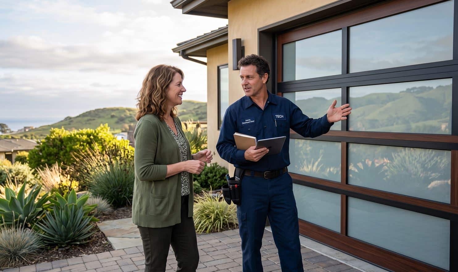 Tech with homeowner new glass garage door cental coast ROI