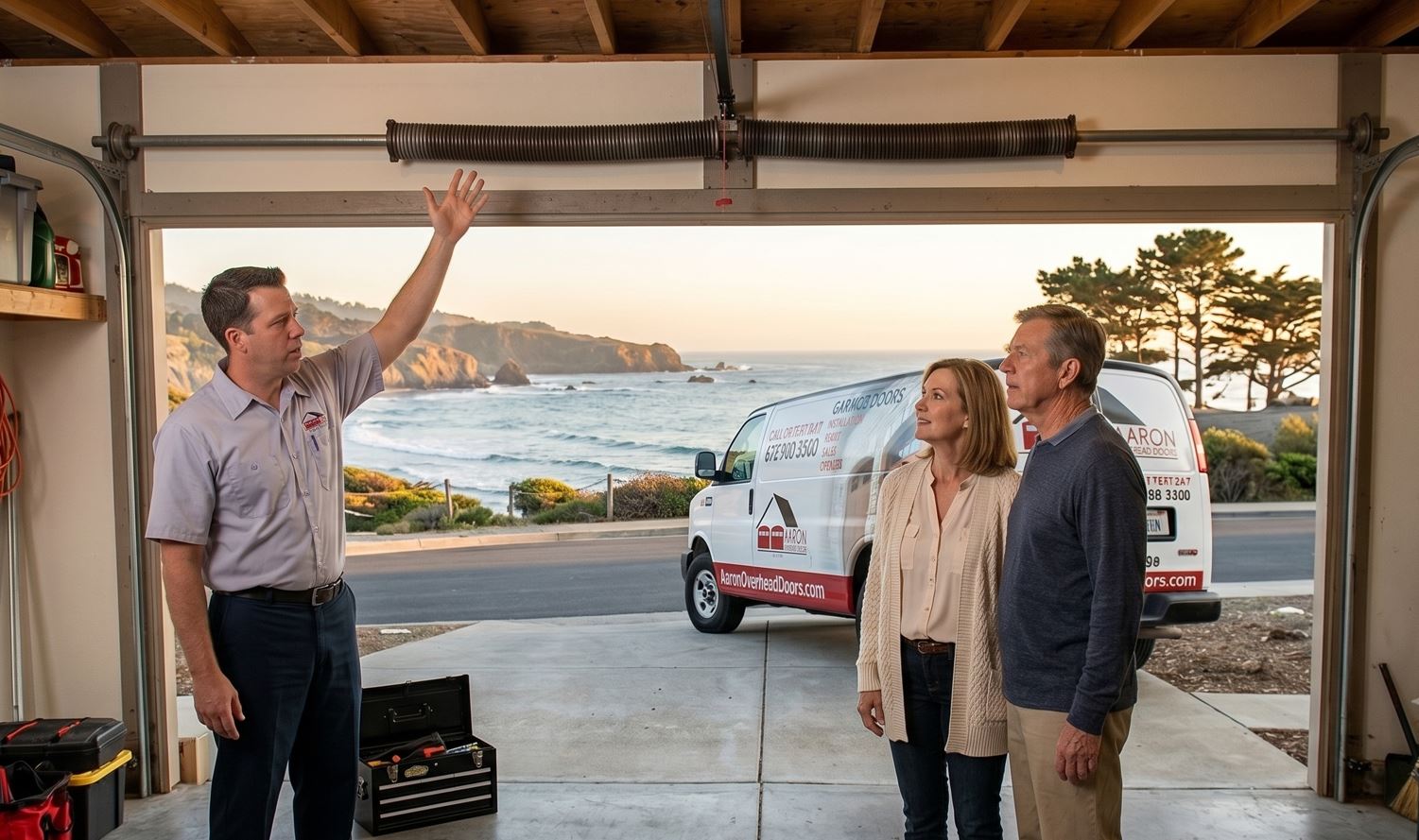 Technician explaining broken garage door spring symptoms to Central Coast homeowners