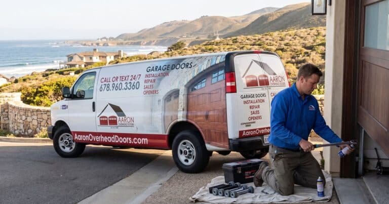Technician performing garage door maintenance central coast