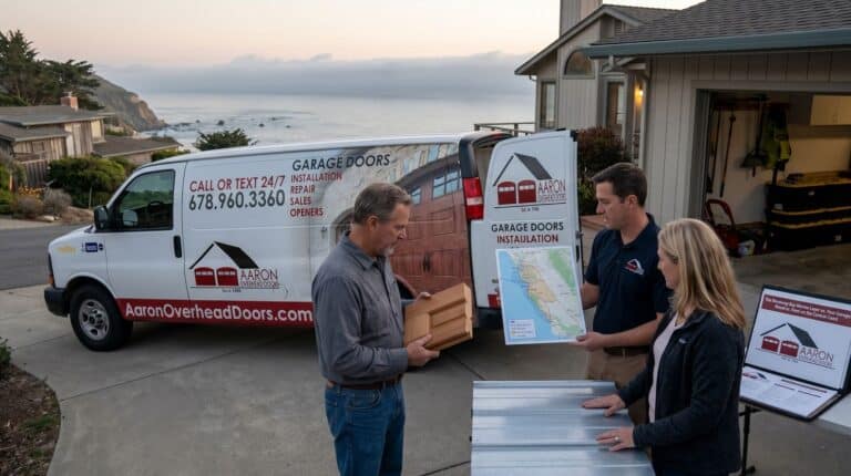Technician showing central coast homeowner wood vs steel garage door comparison
